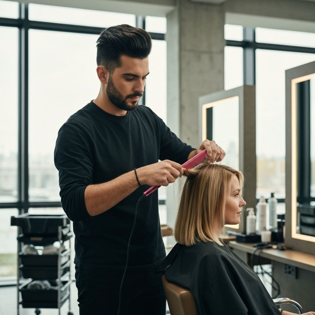 Professional hairdresser styling client hair